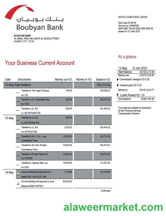 Boubyan Bank enterprise account statement Word and PDF template